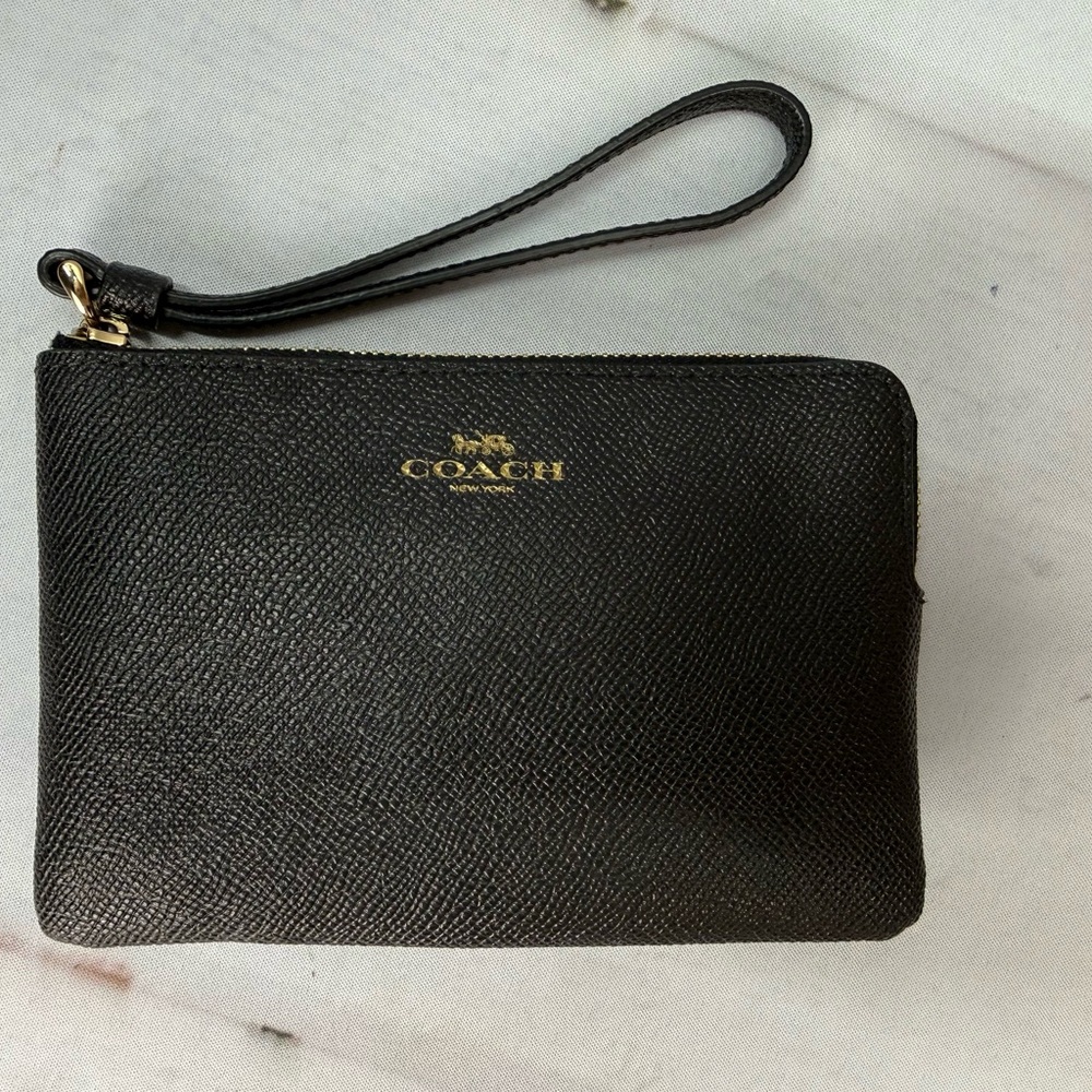 Coach Corner Zip Wristlet Wallet Black Crossgrain Leather Card Holder Clutch